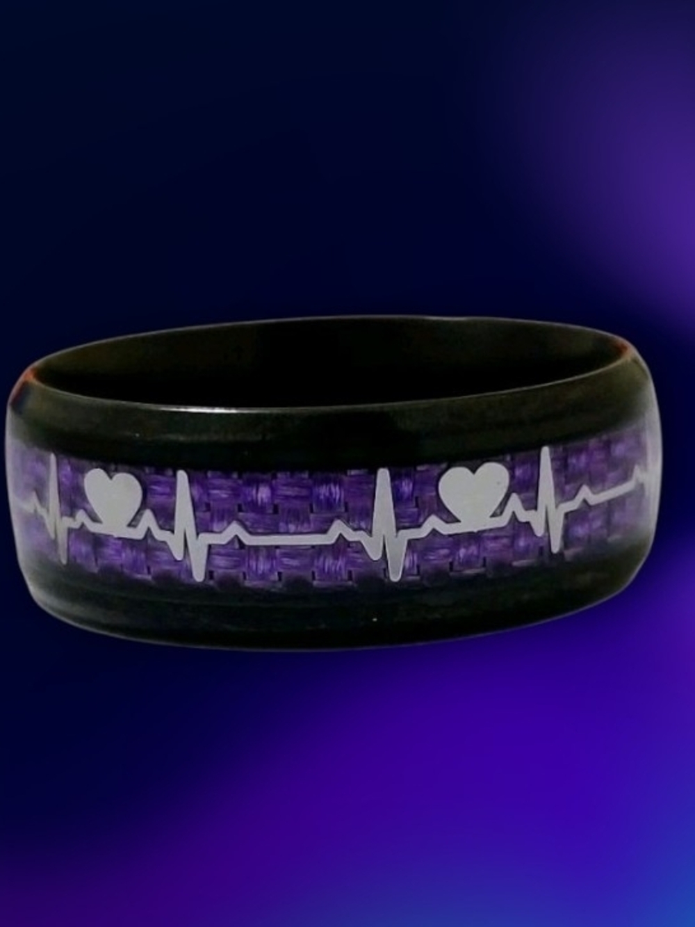 Purple Heartbeat Pattern Black Stainless Steel Band- Promise/Engagement/Wedding